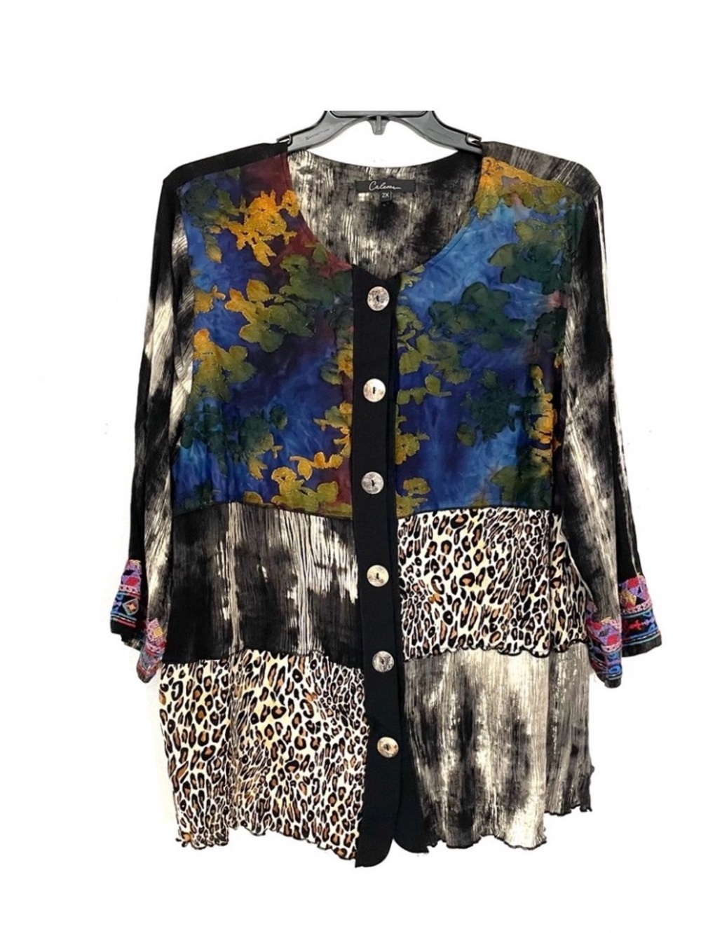 Cleo Multi-Pattern Button Front Women’s Top - Blue/Black/Leopard